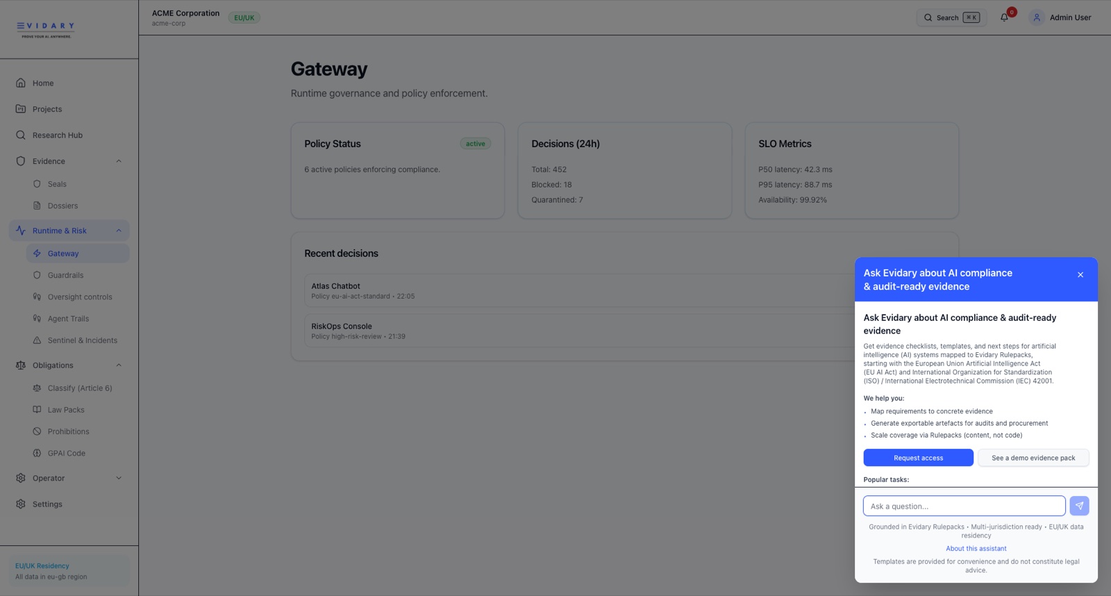 Evidary console Gateway with the assistant panel open for evidence guidance.