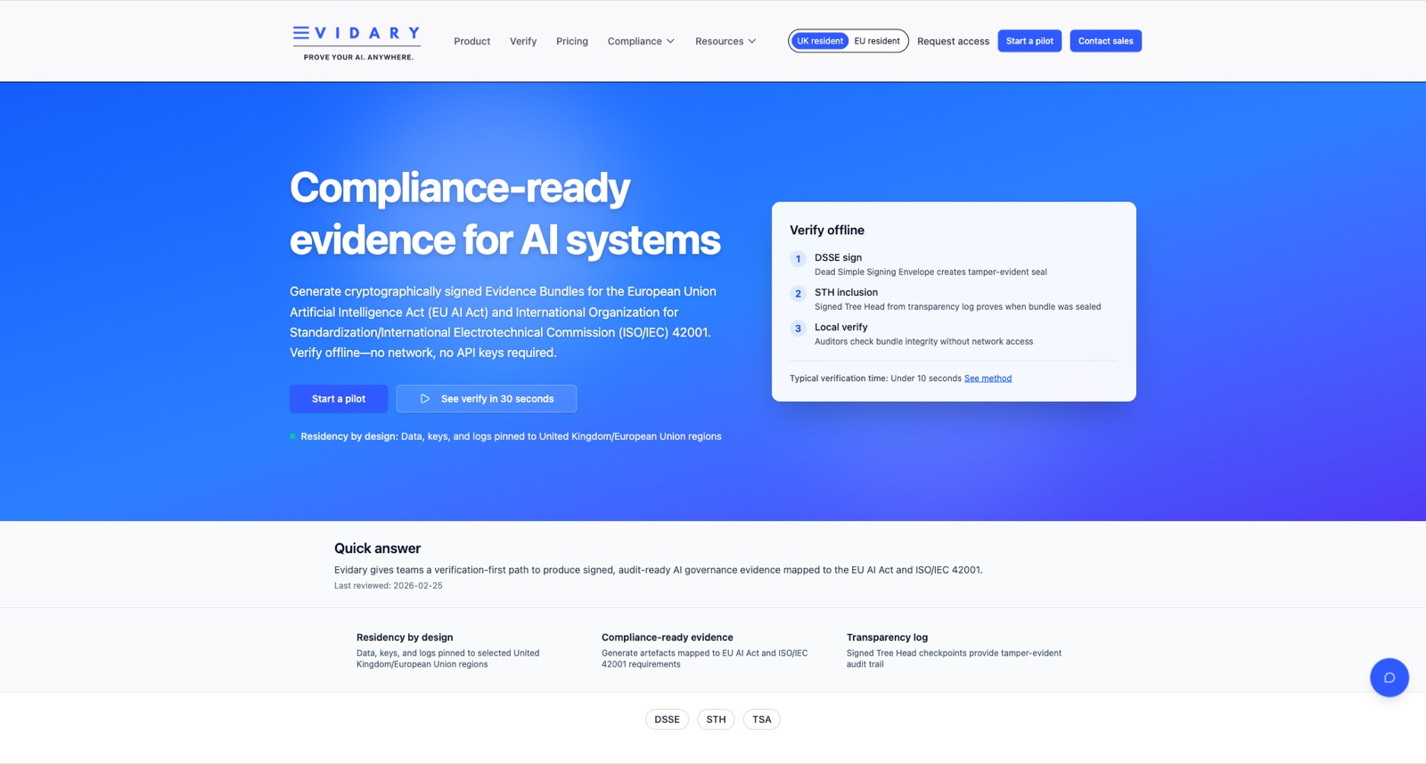 Evidary marketing page showing compliance-ready evidence for AI systems.